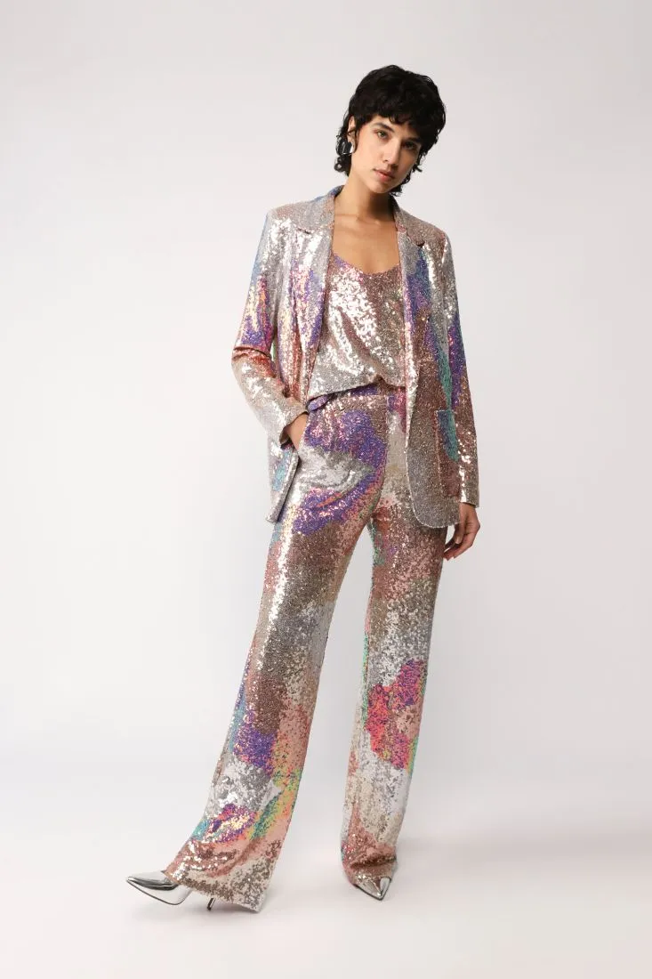 Pantaloni a palazzo in paillettes con fantasia astratta