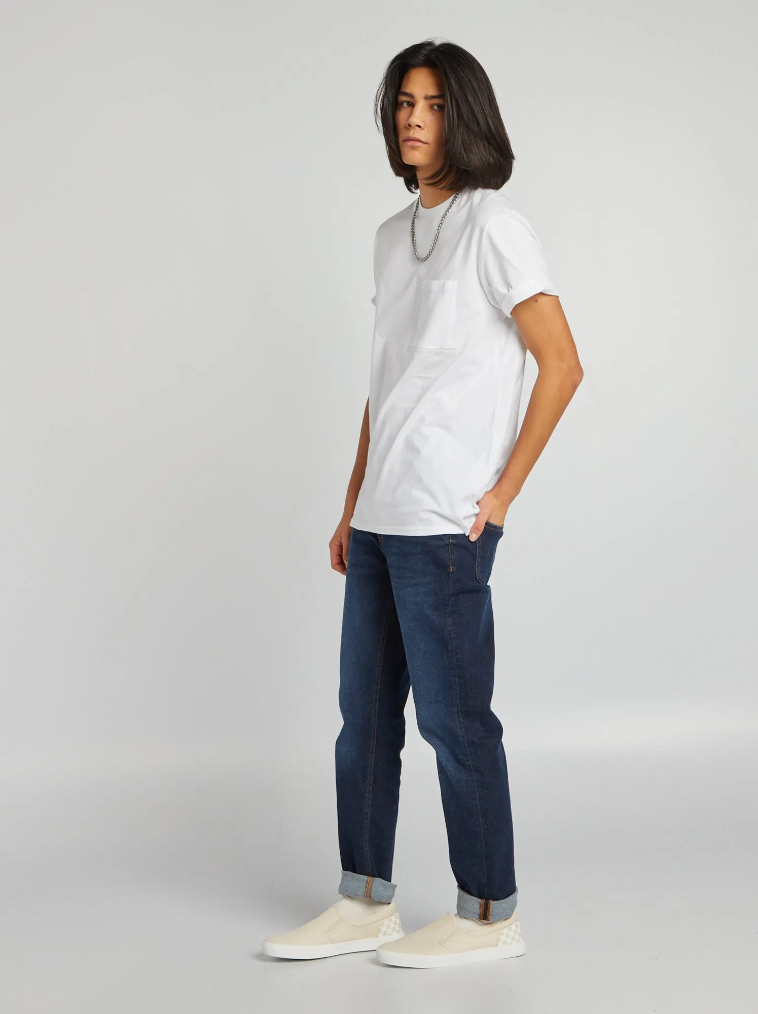 Pantaloni denim slim con 5 tasche - BLU