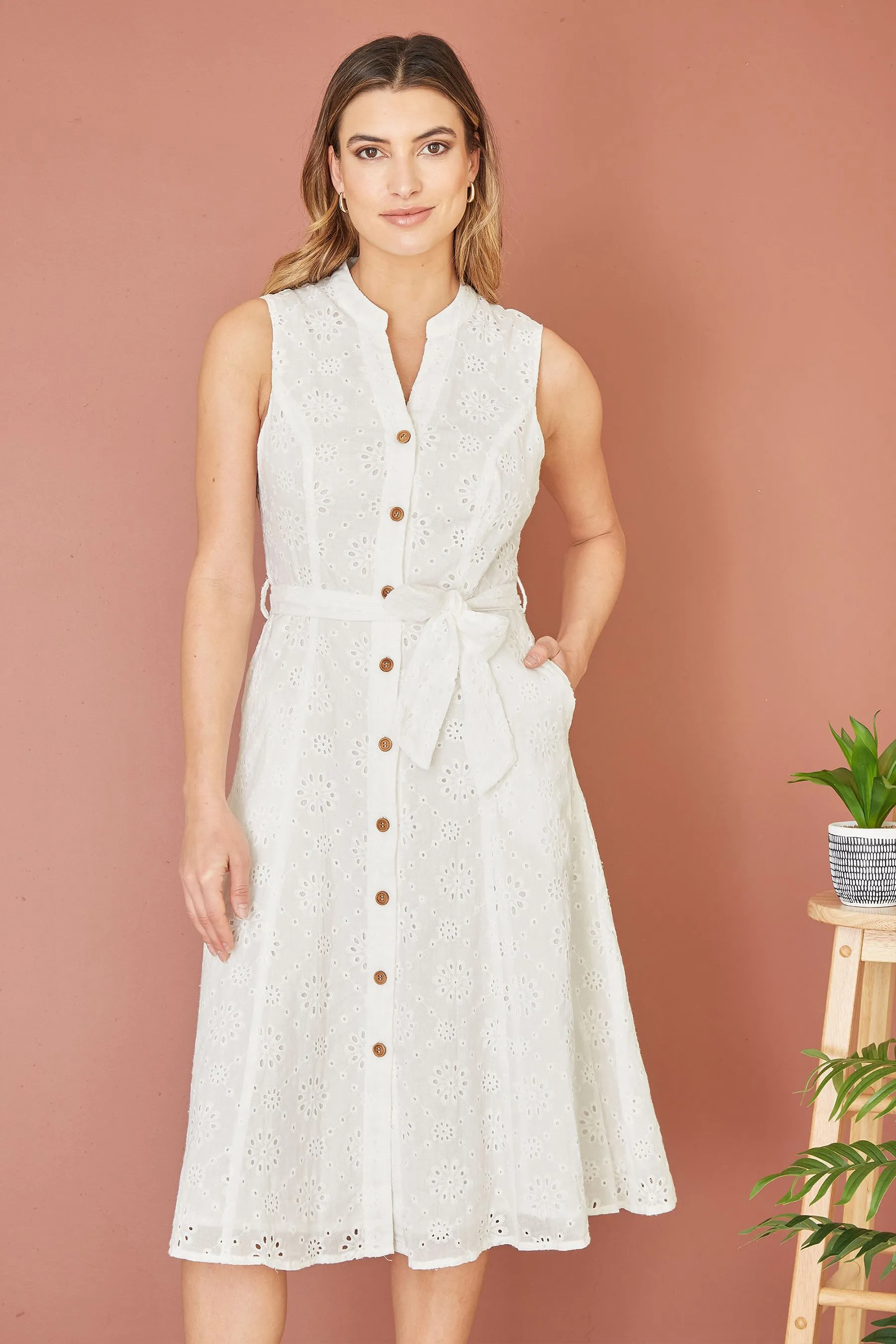 Yumi - Abito chemisier in cotone con pizzo sangallo e fiori