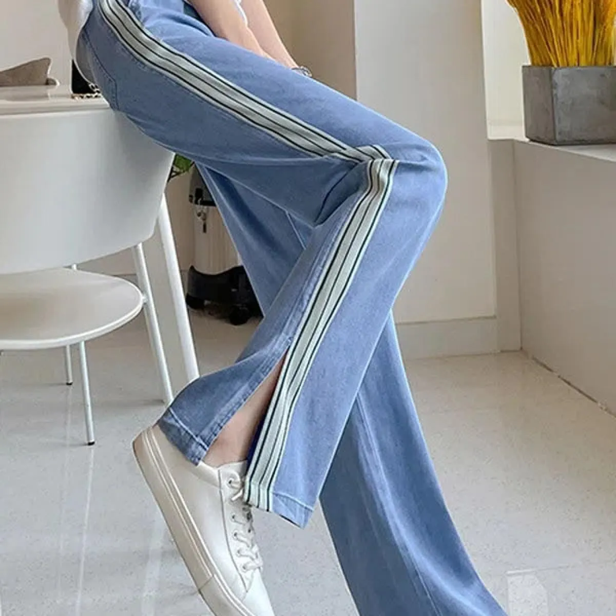 Zoki Harajuku pantaloni in denim a gamba larga con spacco a righe donna estate sottile vita alta jeans larghi moda stringata cas