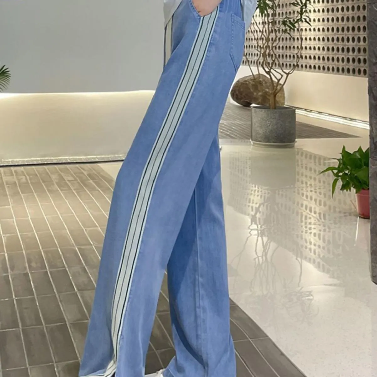 Zoki Harajuku pantaloni in denim a gamba larga con spacco a righe donna estate sottile vita alta jeans larghi moda stringata cas