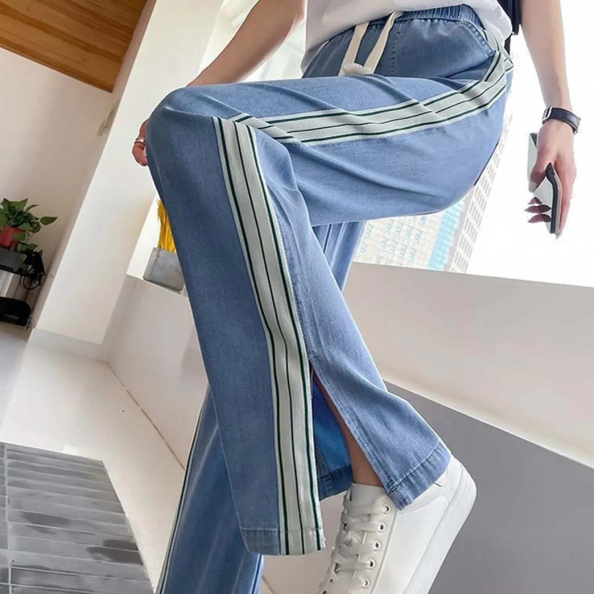 Zoki Harajuku pantaloni in denim a gamba larga con spacco a righe donna estate sottile vita alta jeans larghi moda stringata cas