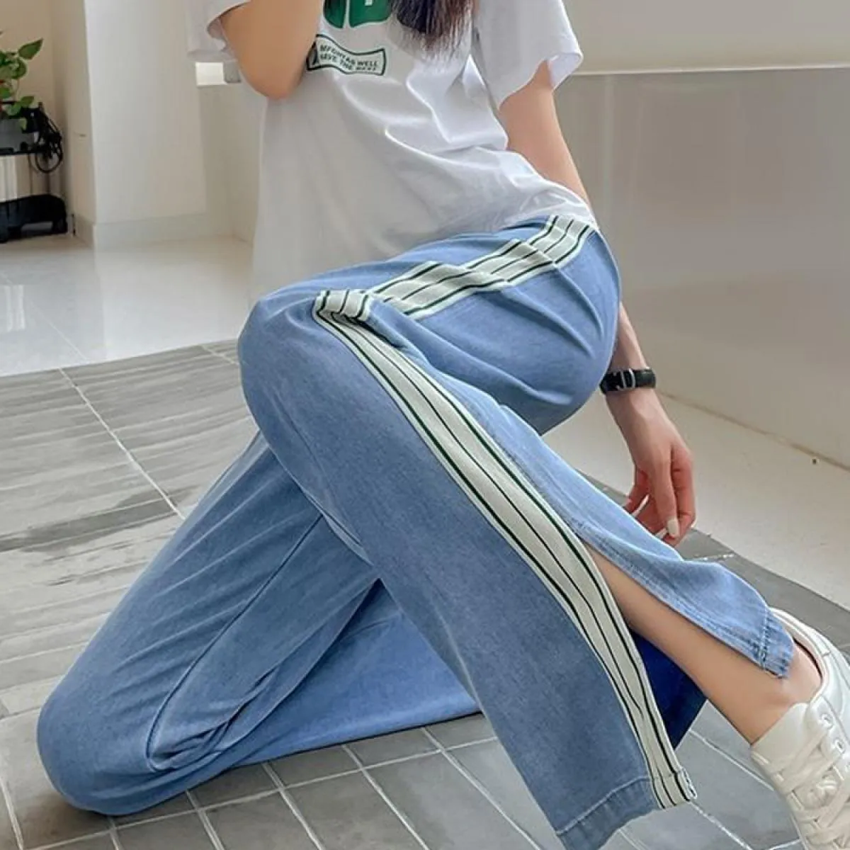 Zoki Harajuku pantaloni in denim a gamba larga con spacco a righe donna estate sottile vita alta jeans larghi moda stringata cas
