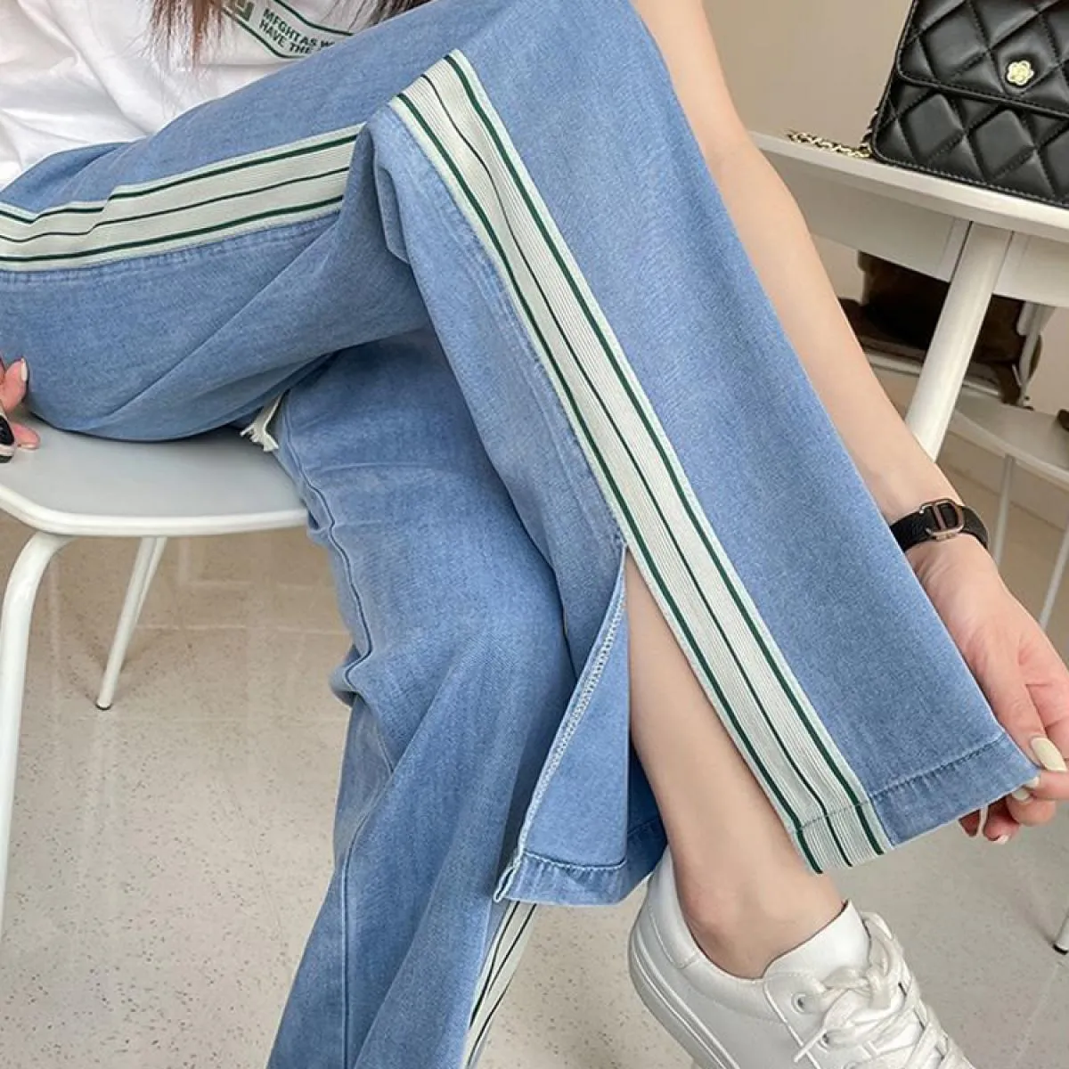Zoki Harajuku pantaloni in denim a gamba larga con spacco a righe donna estate sottile vita alta jeans larghi moda stringata cas
