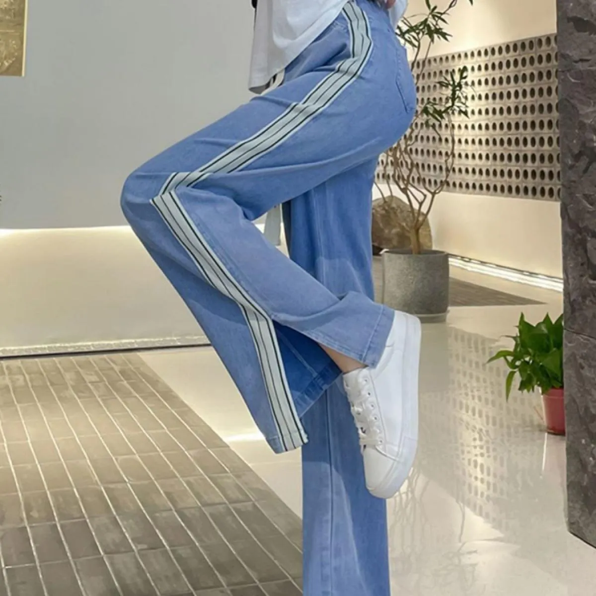 Zoki Harajuku pantaloni in denim a gamba larga con spacco a righe donna estate sottile vita alta jeans larghi moda stringata cas