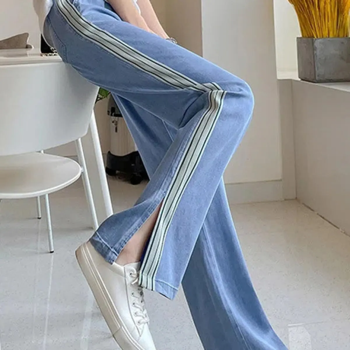 Zoki Harajuku pantaloni in denim a gamba larga con spacco a righe donna estate sottile vita alta jeans larghi moda stringata cas